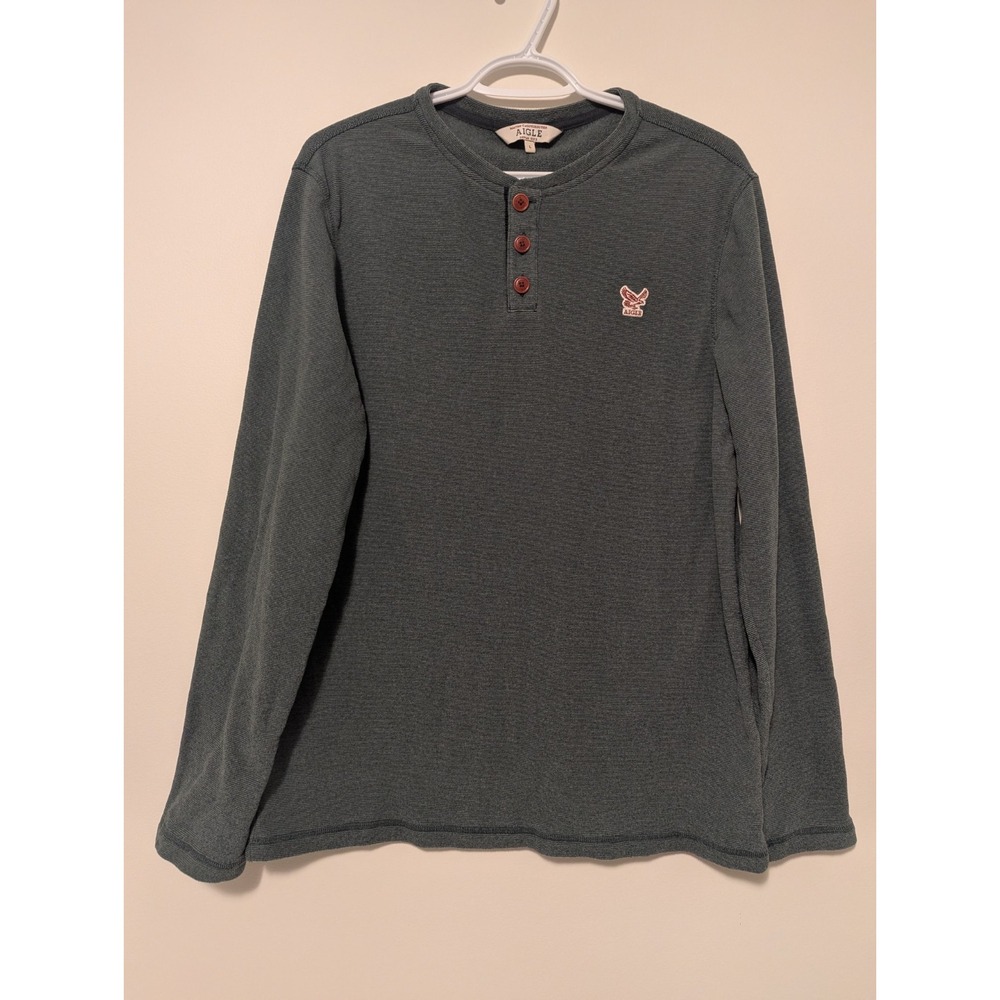 AIGLE Pullover Sweater Mens Large Green 1/4 Button‎ Ribbed Polartec Fleece
